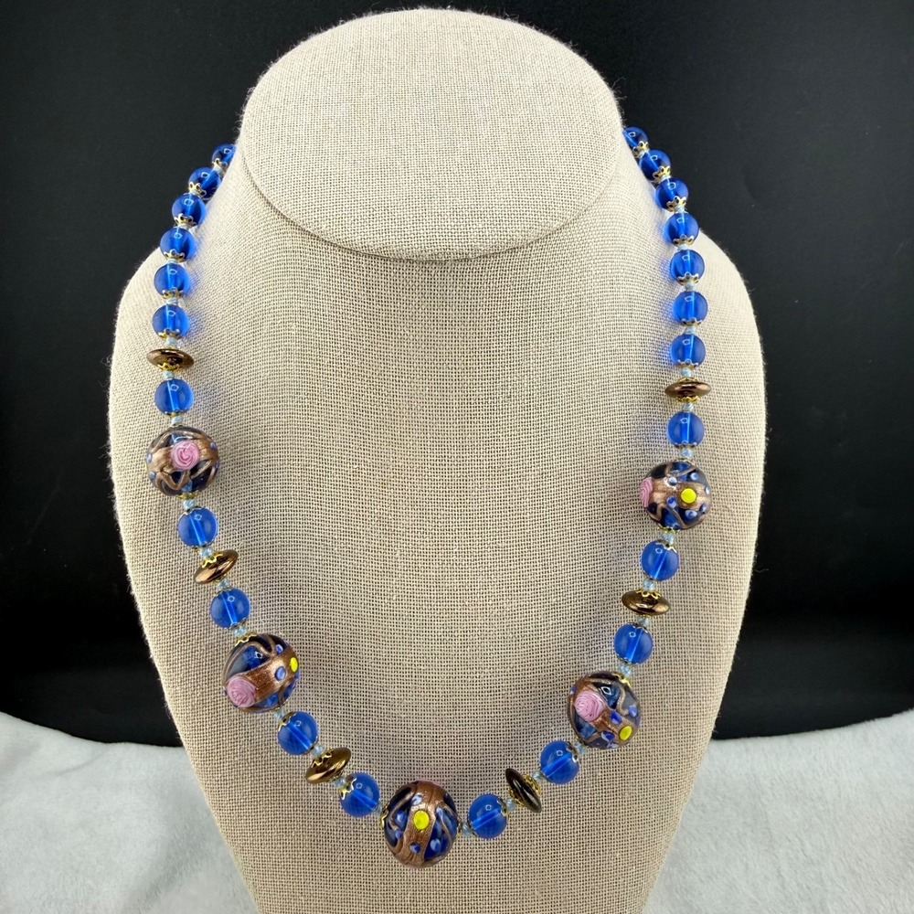 Signed Wedding Cake Beaded Necklace Blue Signed SFM 19"